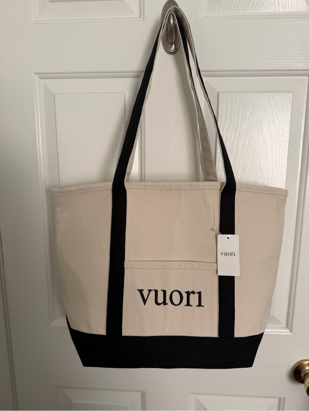 New Vuori Two-Tone Large Canvas Tote in Natural and Black